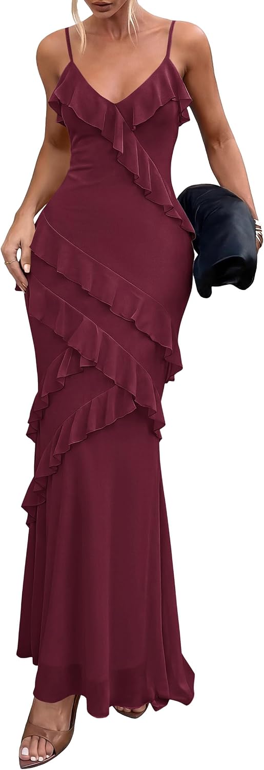 PRETTYGARDEN Women 2026 Wedding Guest Cocktail Maxi Dress Spaghetti Strap Sleeveless V Neck Bodycon Mesh Party Summer Outfits