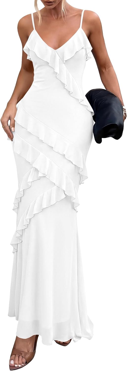 PRETTYGARDEN Women 2026 Wedding Guest Cocktail Maxi Dress Spaghetti Strap Sleeveless V Neck Bodycon Mesh Party Summer Outfits