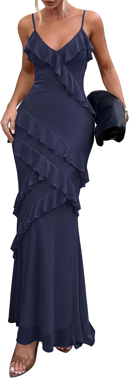 PRETTYGARDEN Women 2026 Wedding Guest Cocktail Maxi Dress Spaghetti Strap Sleeveless V Neck Bodycon Mesh Party Summer Outfits
