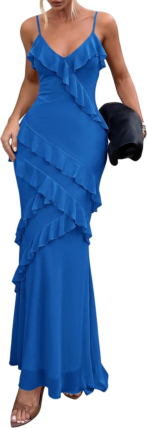 PRETTYGARDEN Women 2026 Wedding Guest Cocktail Maxi Dress Spaghetti Strap Sleeveless V Neck Bodycon Mesh Party Summer Outfits