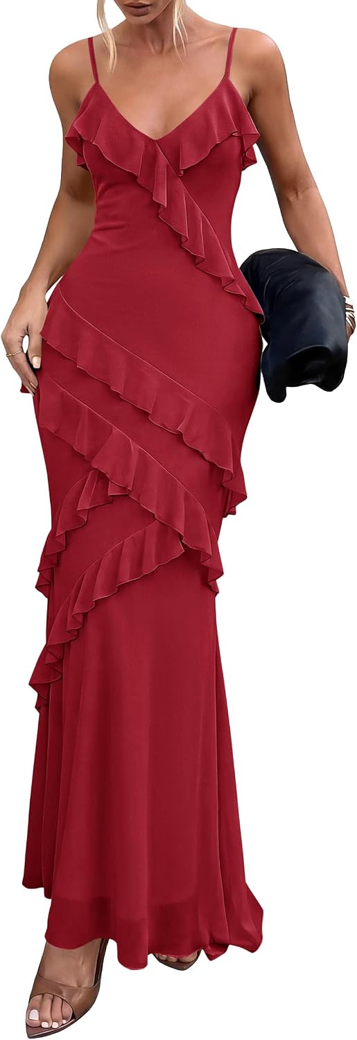 PRETTYGARDEN Women 2026 Wedding Guest Cocktail Maxi Dress Spaghetti Strap Sleeveless V Neck Bodycon Mesh Party Summer Outfits