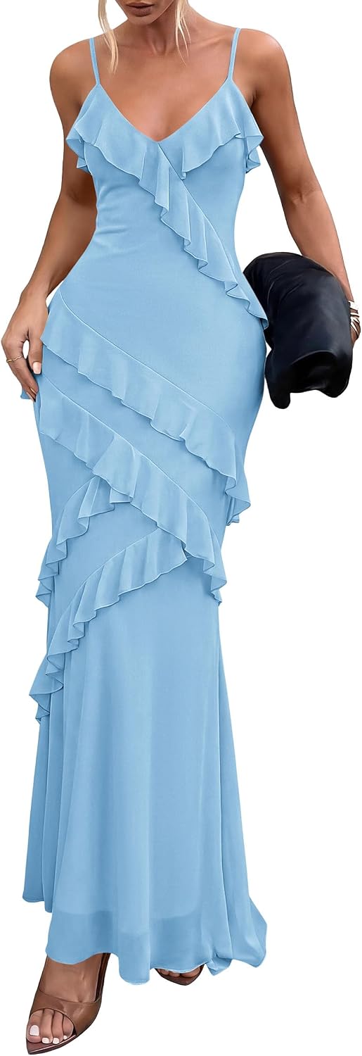 PRETTYGARDEN Women 2026 Wedding Guest Cocktail Maxi Dress Spaghetti Strap Sleeveless V Neck Bodycon Mesh Party Summer Outfits