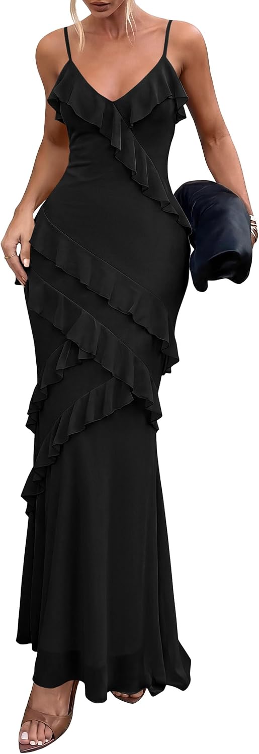 PRETTYGARDEN Women 2026 Wedding Guest Cocktail Maxi Dress Spaghetti Strap Sleeveless V Neck Bodycon Mesh Party Summer Outfits