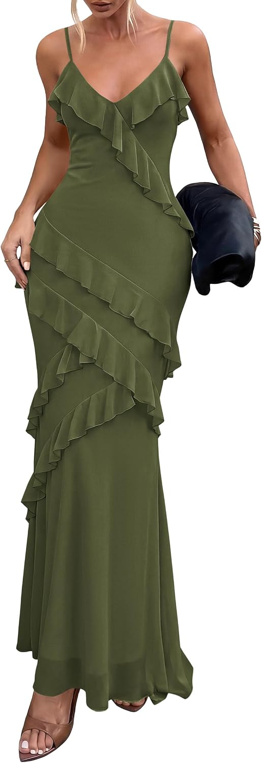 PRETTYGARDEN Women 2026 Wedding Guest Cocktail Maxi Dress Spaghetti Strap Sleeveless V Neck Bodycon Mesh Party Summer Outfits
