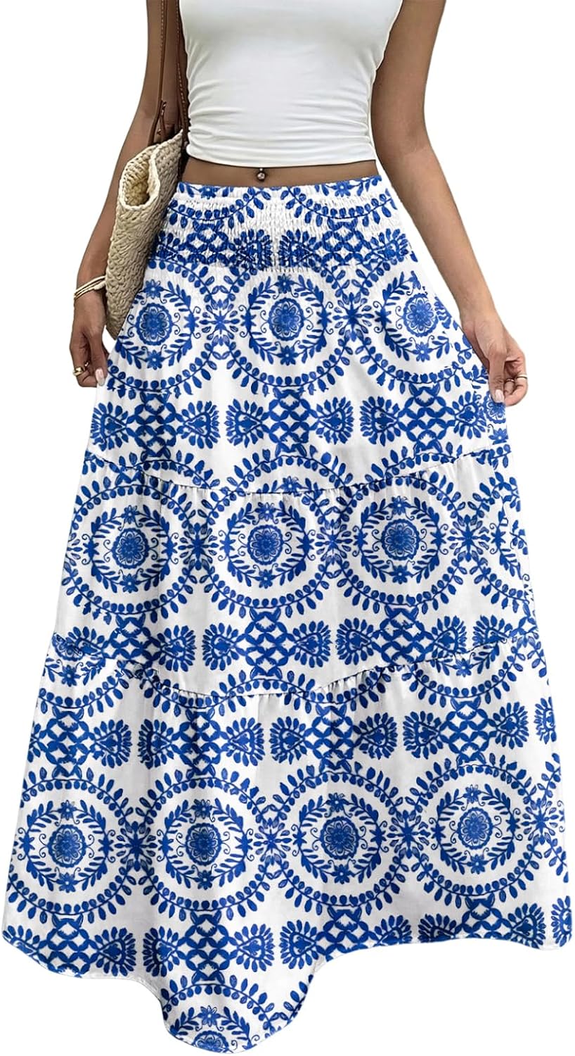 Women's Boho Flowy Maxi Skirts | Elastic High Waist, A Line Tiered, Long Flowy Boho Skirt, Floral Printed, Spring Summer Outfits for Beach Vacation, Casual