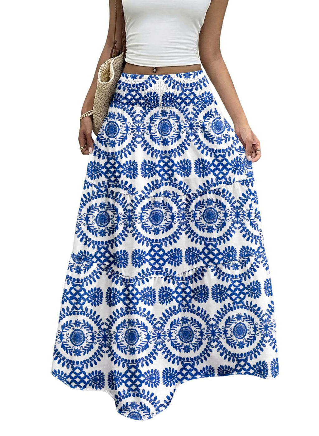 Women's Boho Flowy Maxi Skirts | Elastic High Waist, A Line Tiered, Long Flowy Boho Skirt, Floral Printed, Spring Summer Outfits for Beach Vacation, Casual