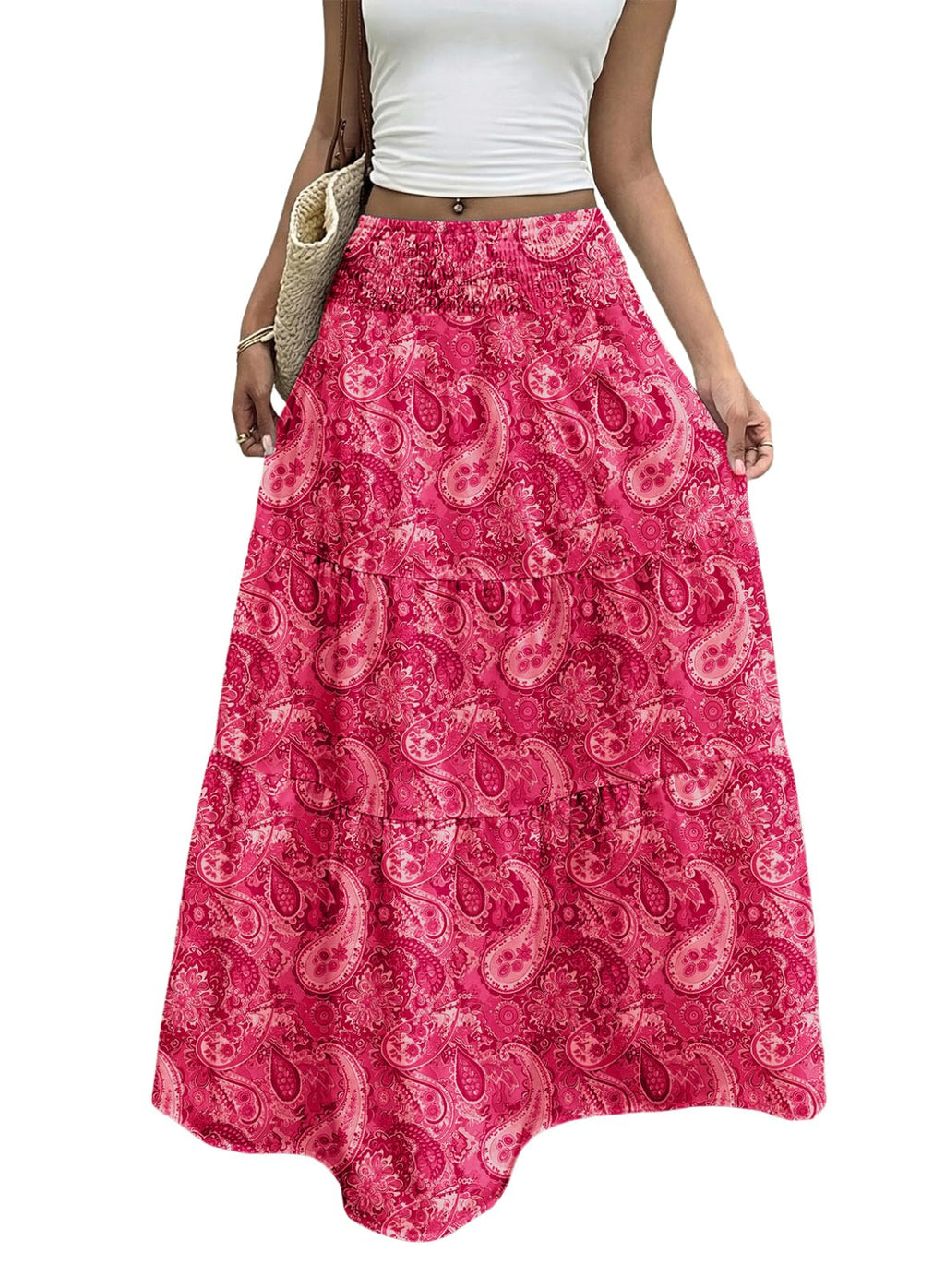 Women's Boho Flowy Maxi Skirts | Elastic High Waist, A Line Tiered, Long Flowy Boho Skirt, Floral Printed, Spring Summer Outfits for Beach Vacation, Casual