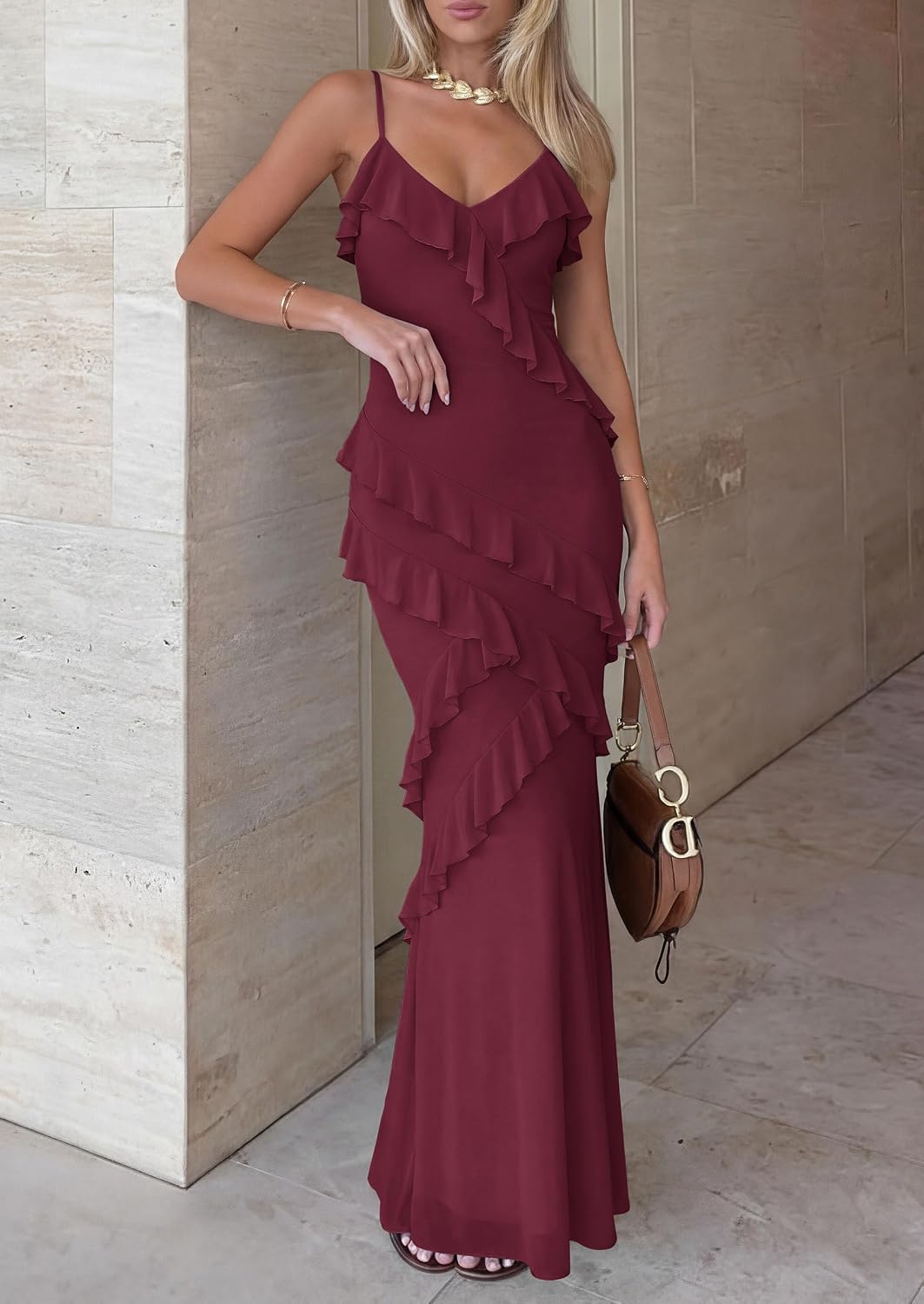 PRETTYGARDEN Women 2026 Wedding Guest Cocktail Maxi Dress Spaghetti Strap Sleeveless V Neck Bodycon Mesh Party Summer Outfits