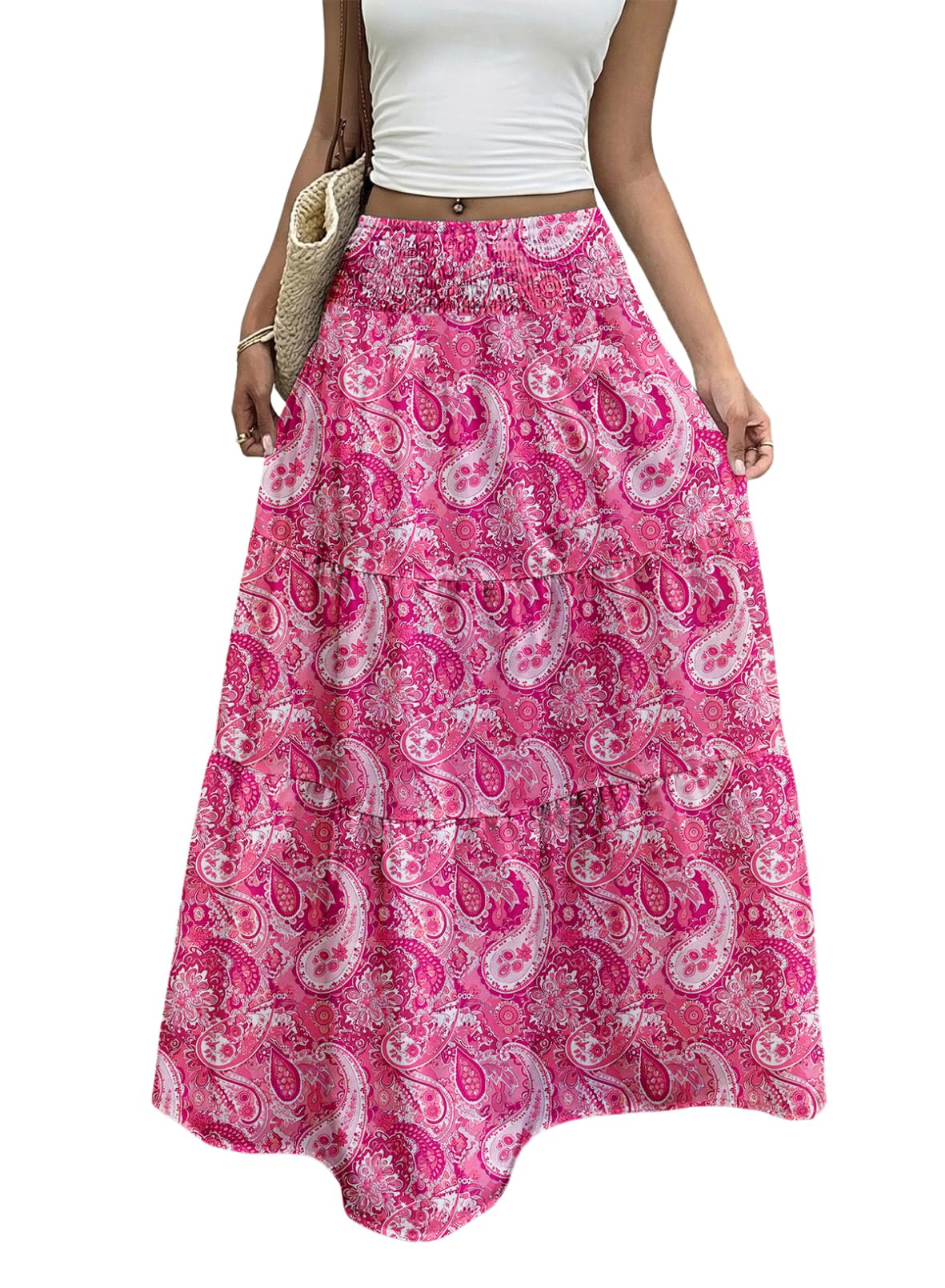 Women's Boho Flowy Maxi Skirts | Elastic High Waist, A Line Tiered, Long Flowy Boho Skirt, Floral Printed, Spring Summer Outfits for Beach Vacation, Casual