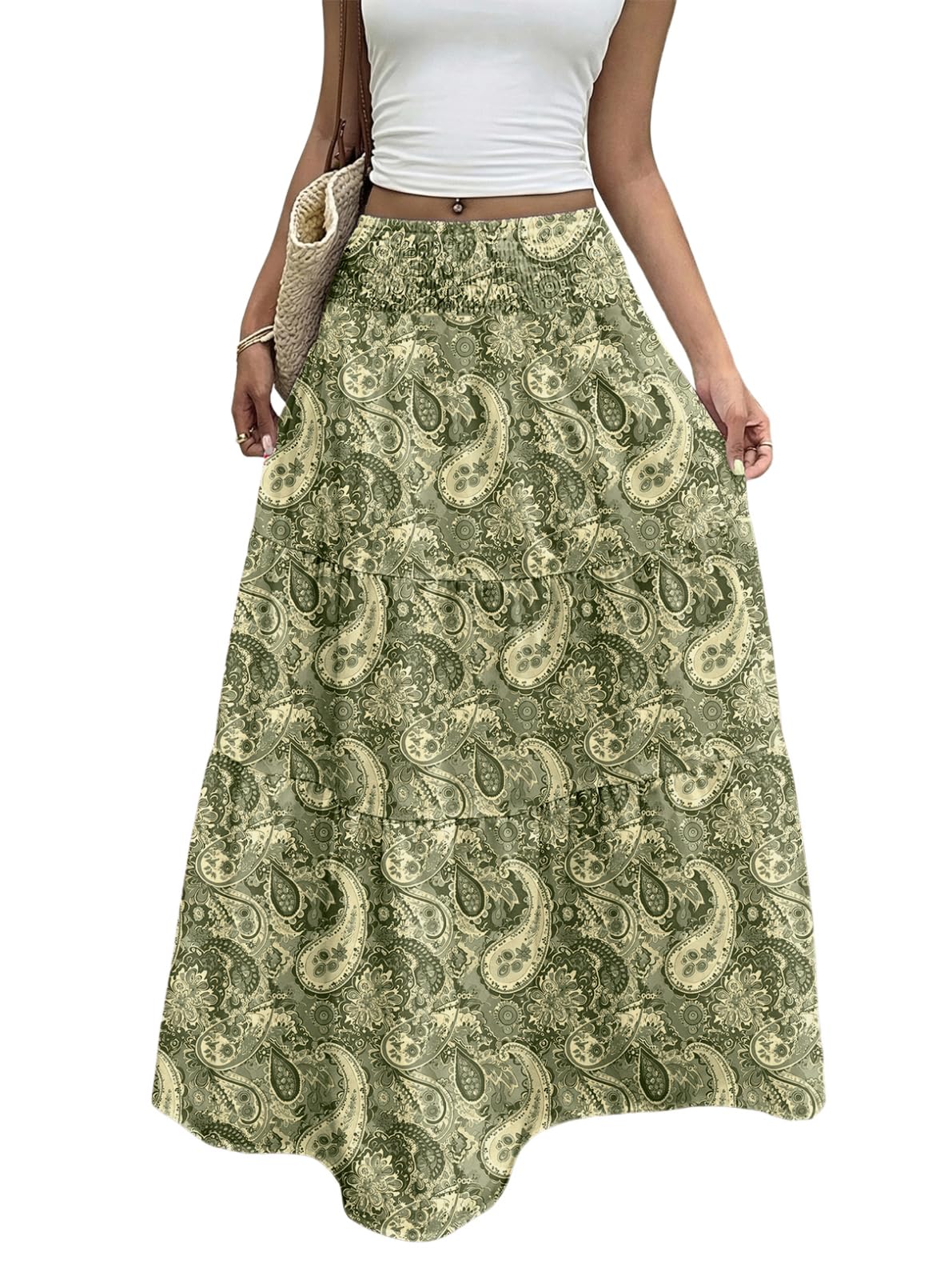 Women's Boho Flowy Maxi Skirts | Elastic High Waist, A Line Tiered, Long Flowy Boho Skirt, Floral Printed, Spring Summer Outfits for Beach Vacation, Casual