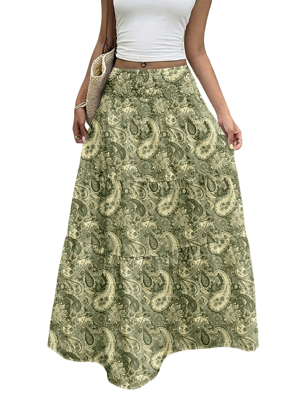 Women's Boho Flowy Maxi Skirts | Elastic High Waist, A Line Tiered, Long Flowy Boho Skirt, Floral Printed, Spring Summer Outfits for Beach Vacation, Casual