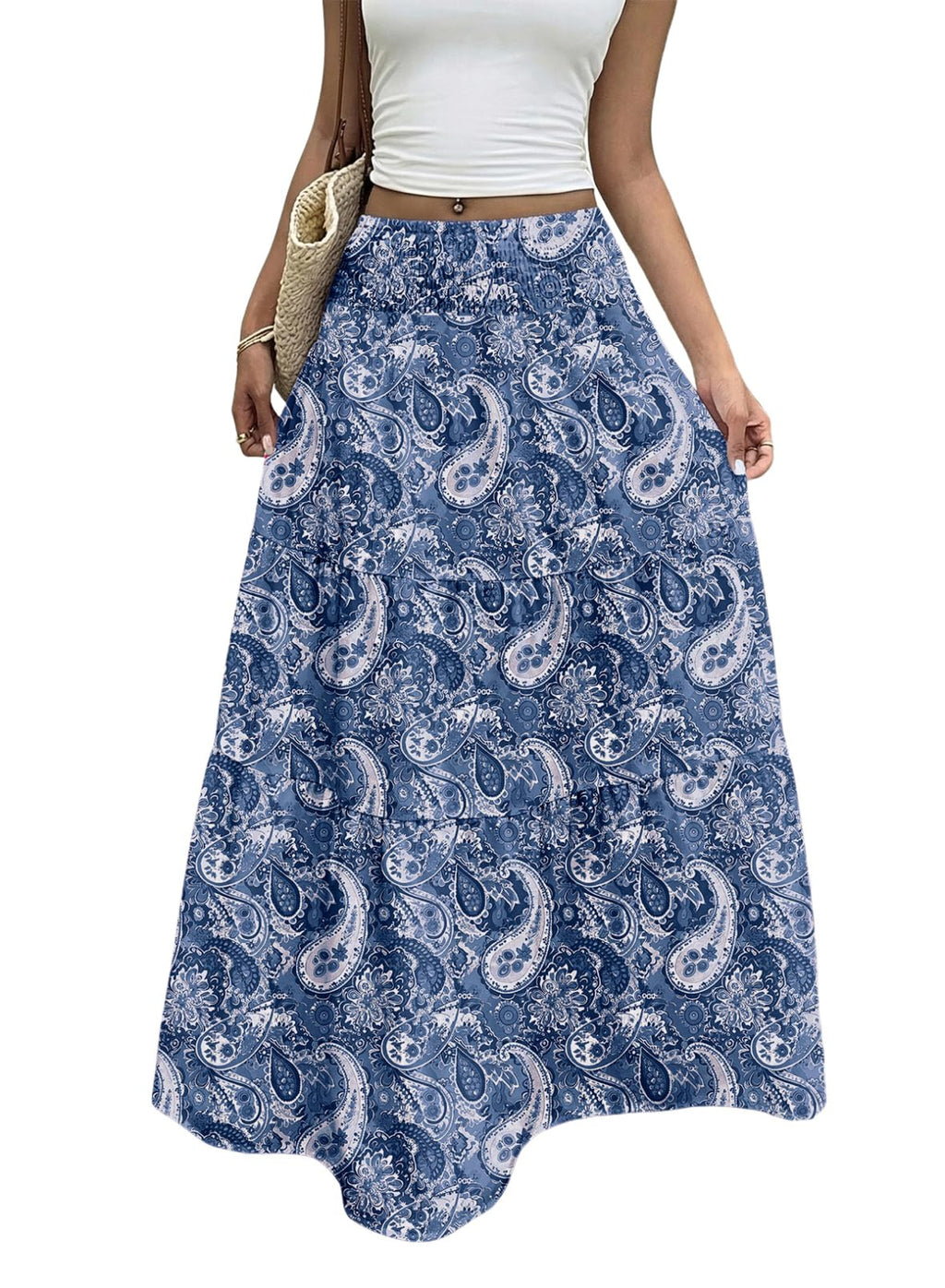 Women's Boho Flowy Maxi Skirts | Elastic High Waist, A Line Tiered, Long Flowy Boho Skirt, Floral Printed, Spring Summer Outfits for Beach Vacation, Casual
