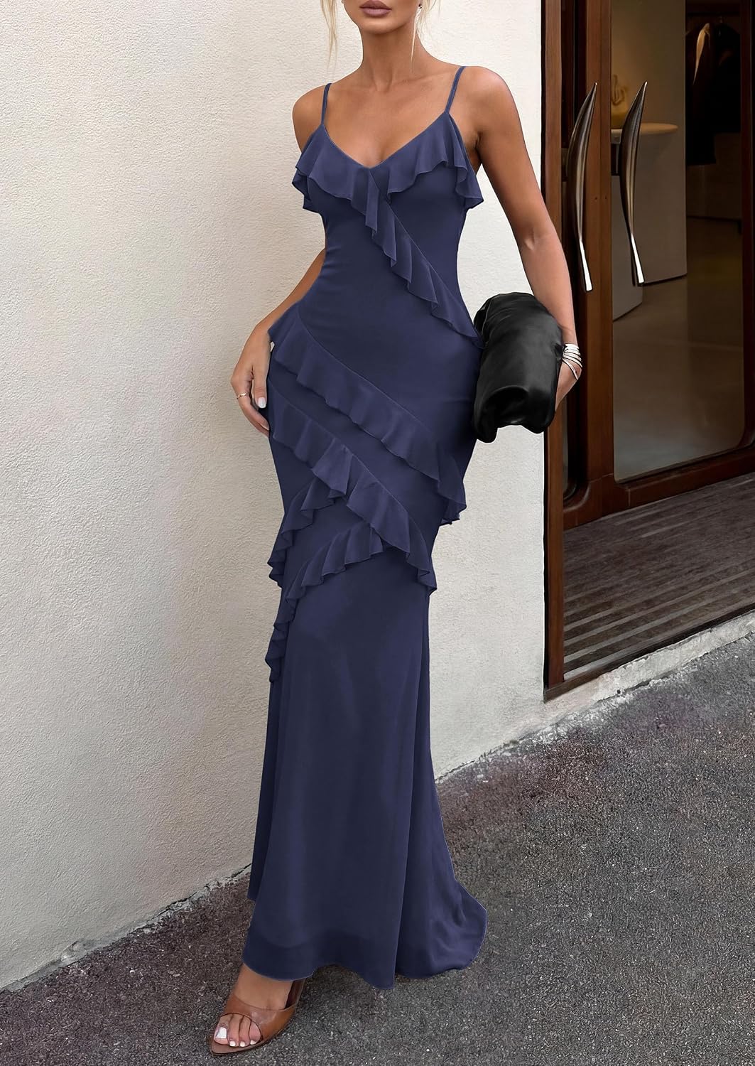 PRETTYGARDEN Women 2026 Wedding Guest Cocktail Maxi Dress Spaghetti Strap Sleeveless V Neck Bodycon Mesh Party Summer Outfits
