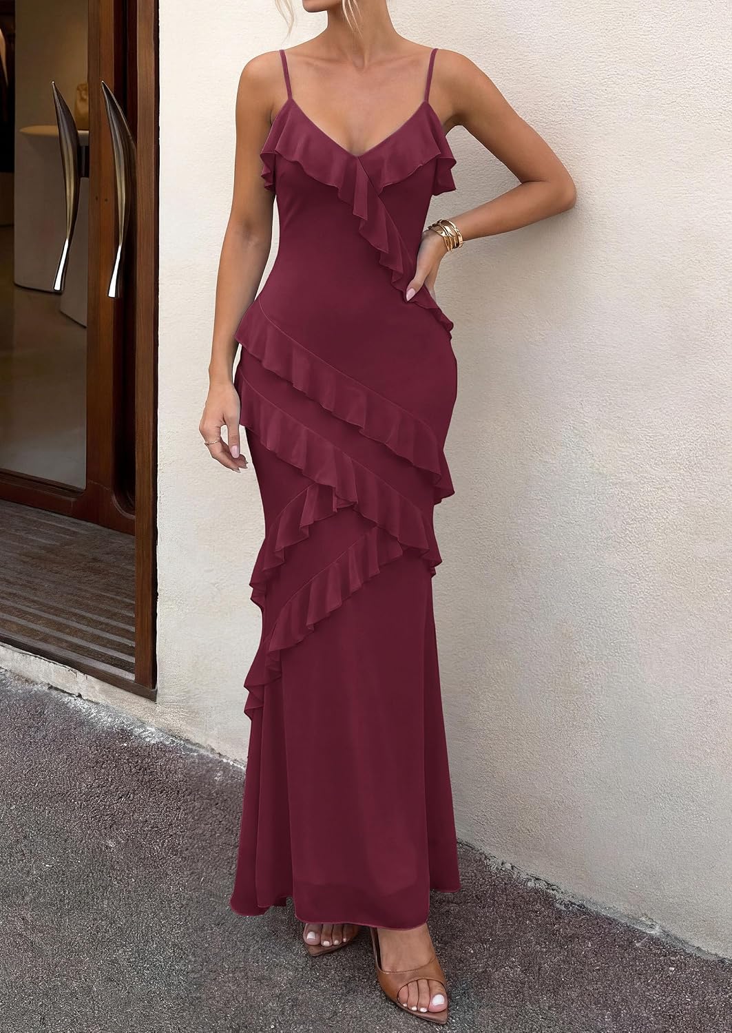 PRETTYGARDEN Women 2026 Wedding Guest Cocktail Maxi Dress Spaghetti Strap Sleeveless V Neck Bodycon Mesh Party Summer Outfits
