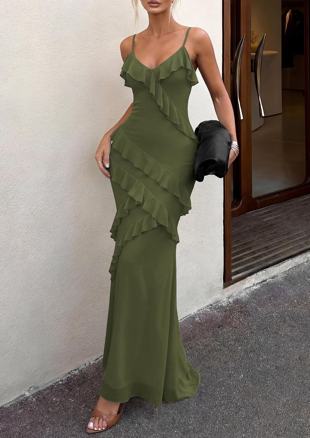 PRETTYGARDEN Women 2026 Wedding Guest Cocktail Maxi Dress Spaghetti Strap Sleeveless V Neck Bodycon Mesh Party Summer Outfits