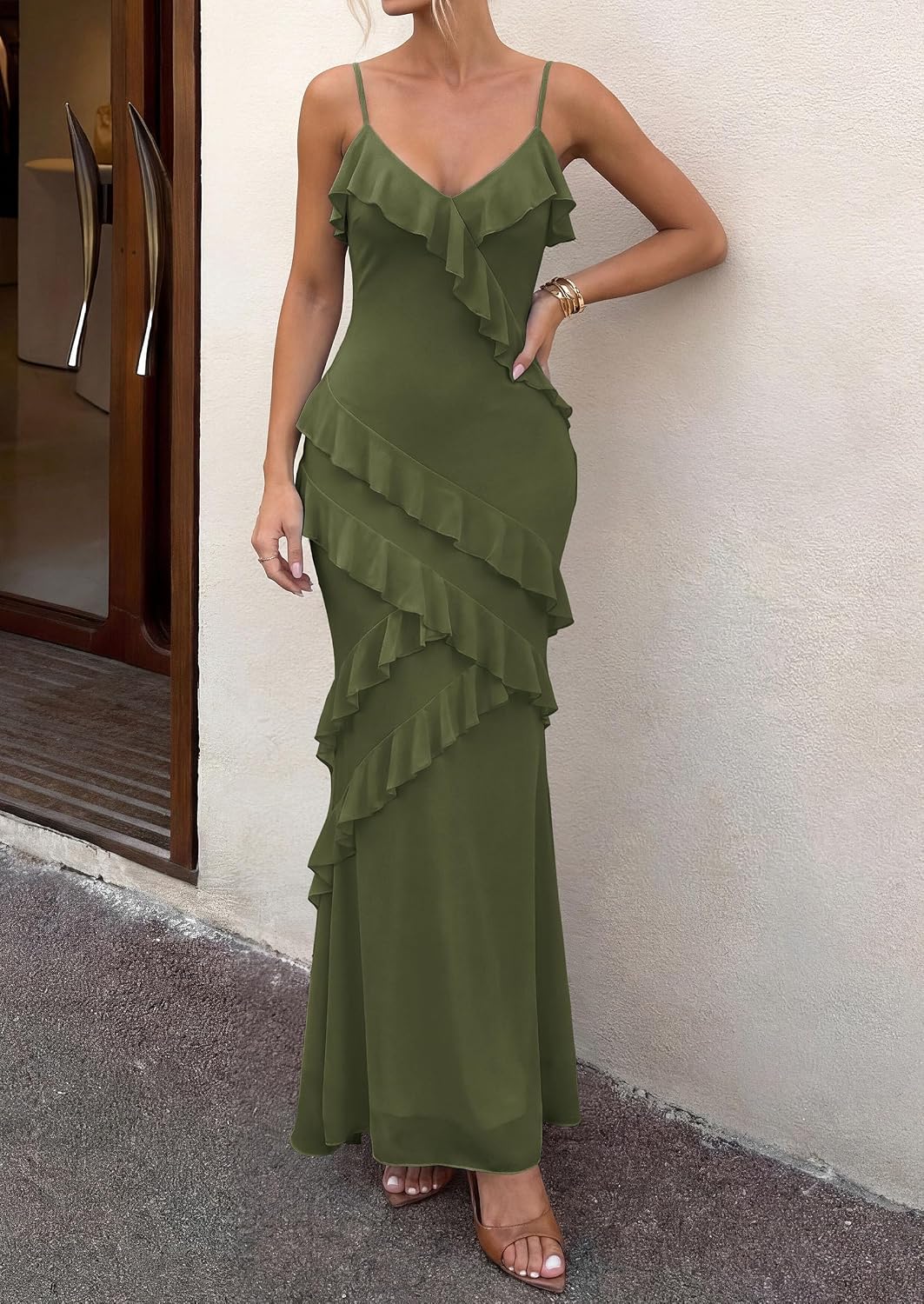 PRETTYGARDEN Women 2026 Wedding Guest Cocktail Maxi Dress Spaghetti Strap Sleeveless V Neck Bodycon Mesh Party Summer Outfits